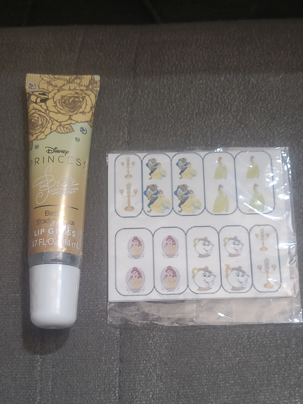 Disney Bath & Body Works Belle Gold Shimmer Lip Gloss with Princess Nail Decals